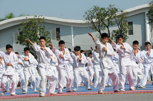 Các học viên trong Trung đoàn biểu diễn võ thuật