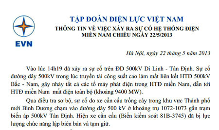 Thông cáo của EVN về sự cố mất điện tại miền Nam. Thông cáo của EVN về sự cố mất điện tại miền Nam