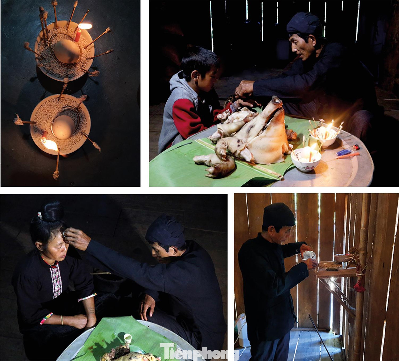 Tại nhà thầy cúng, các gia đình sẽ mang lễ vật đến và bày biện lên mâm cúng đặt dưới chân cây hoa. Con vật dâng lễ hiến sinh (gà), các loại củ, quả, bánh, 2 con cá khô nấu canh với lá xả (pùm phi), khoai sọ (pùm xì), rượu (tý khá)…được sắp đặt trên mâm cúng. Tại nhà thầy cúng, các gia đình sẽ mang lễ vật đến và bày biện lên mâm cúng đặt dưới chân cây hoa. Con vật dâng lễ hiến sinh (gà), các loại củ, quả, bánh, 2 con cá khô nấu canh với lá xả (pùm phi), khoai sọ (pùm xì), rượu (tý khá)…được sắp đặt trên mâm cúng.