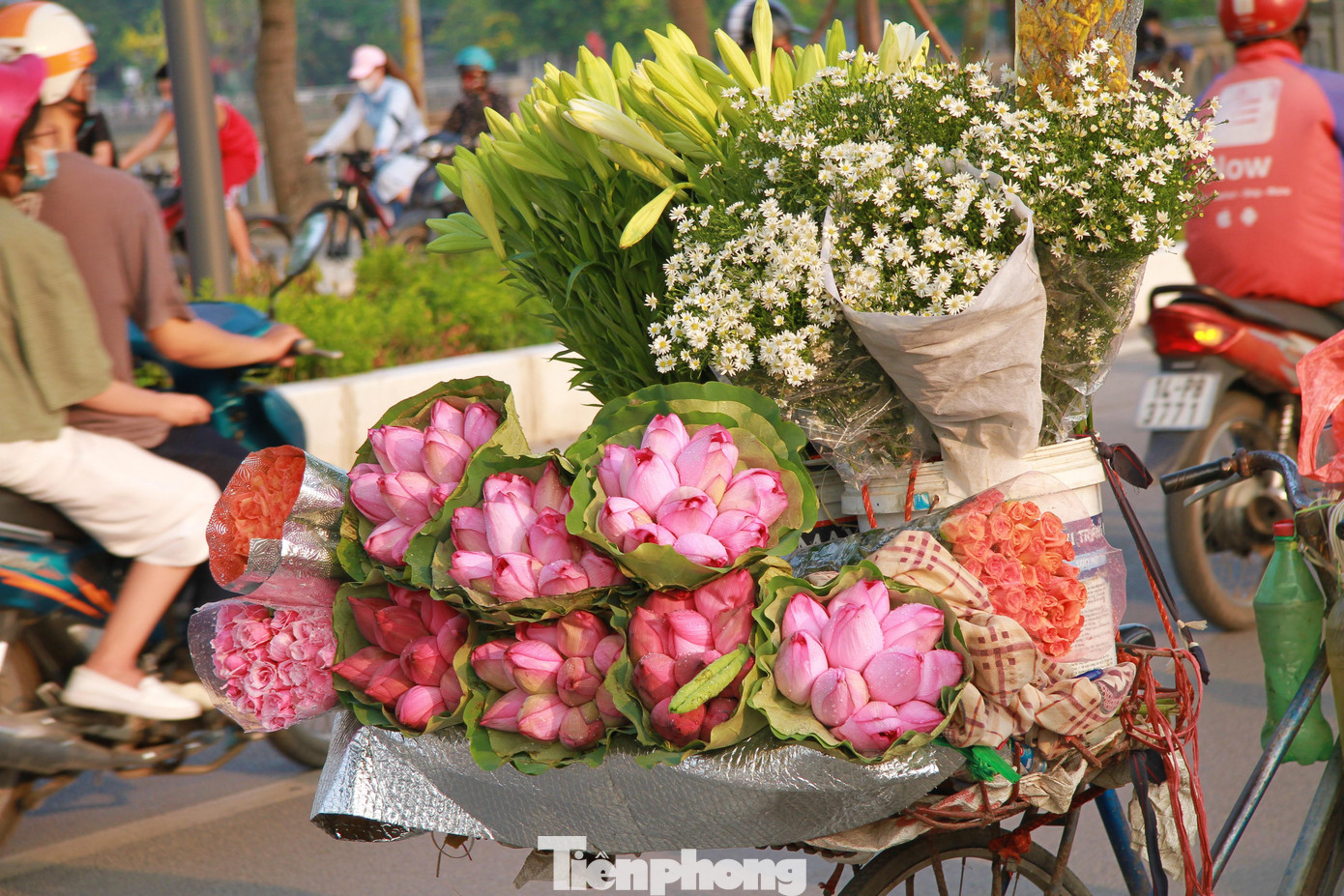 Những chiếc xe chở đầy hoa sen rong ruổi trên đường phố thu hút đông đảo người dân đến ngắm và lựa chọn mua về. Mùi hương của sen, ai đã lỡ thích thì cứ vương vấn mãi không thôi.