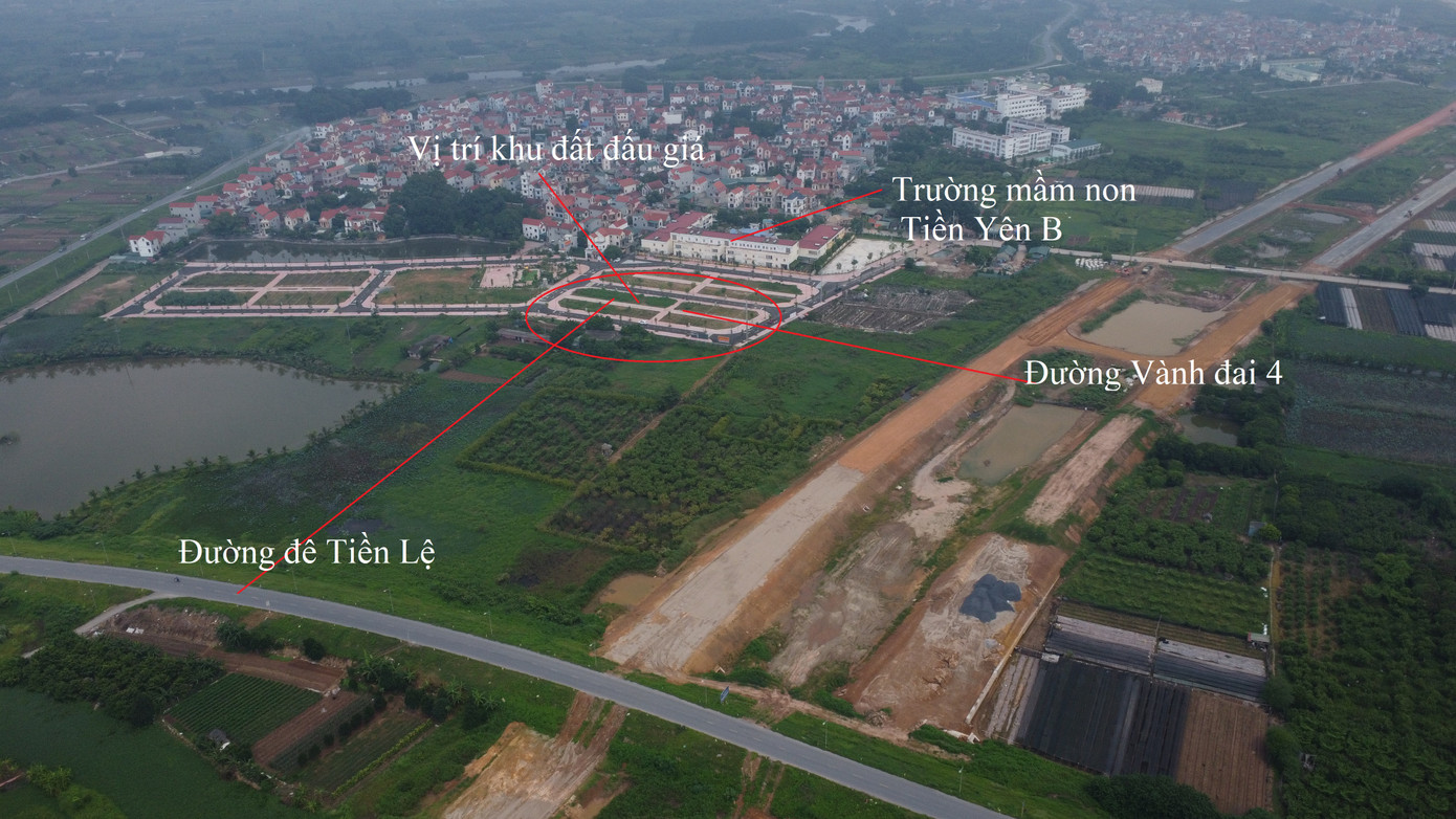 Vị trí khu đất 19 lô đấu giá (LK03-LK04) tại thôn Lòng Khúc, xã Tiền Yên (huyện Hoài Đức, Hà Nội) có giá trúng từ 91,3 - 133,3 triệu đồng/m2 gây choáng.