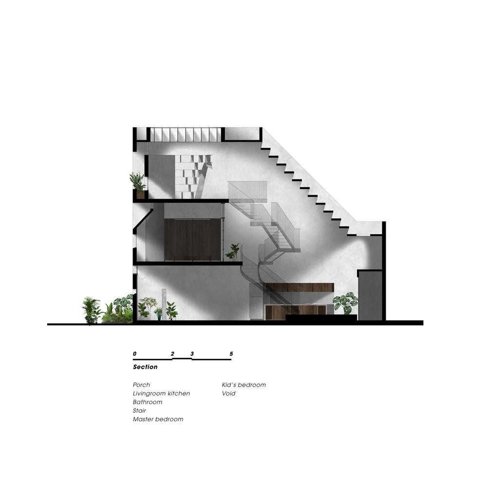 Đây là ngôi nhà 3 tầng có diện tích 57m2 nằm trên khu đất hình tam giác, hai bên bị tường hàng xóm ép sát nên không gian khá bí bách và thiếu ánh sáng nếu xây dựng theo cách thông thường. Đây là ngôi nhà 3 tầng có diện tích 57m2 nằm trên khu đất hình tam giác, hai bên bị tường hàng xóm ép sát nên không gian khá bí bách và thiếu ánh sáng nếu xây dựng theo cách thông thường.