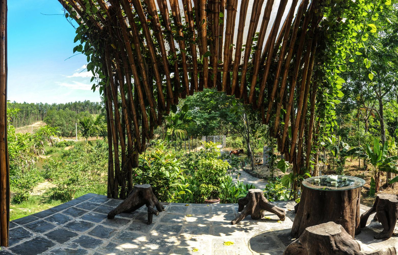 Khu vực chức năng thứ hai nằm trên tầng hai, có một cách tiếp cận tầng hai vô cùng độc đáo là đi bộ lên đồi cỏ tươi đến một mái hiên được che chắn bởi một khung tre đan vào nhau.