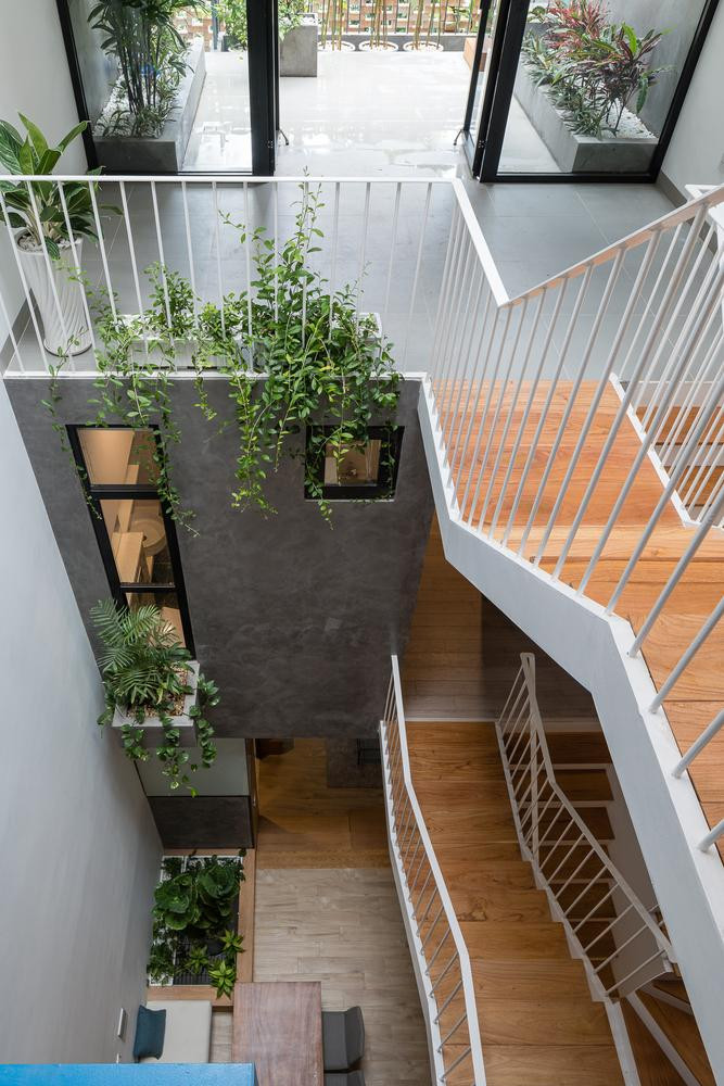 Cầu thang giữa và trước nhà vừa tạo sự linh hoạt cho giao thông (trong phòng ngủ có thể đi thẳng ra vườn trên sân thượng mà không cần phải đi từ cầu thang giữa nhà) vừa tạo tầm nhìn ra các không gian thoáng đãng, tạo sự trải nghiệm hàng ngày và khám phá cho người dùng. Cầu thang giữa và trước nhà vừa tạo sự linh hoạt cho giao thông (trong phòng ngủ có thể đi thẳng ra vườn trên sân thượng mà không cần phải đi từ cầu thang giữa nhà) vừa tạo tầm nhìn ra các không gian thoáng đãng, tạo sự trải nghiệm hàng ngày và khám phá cho người dùng.