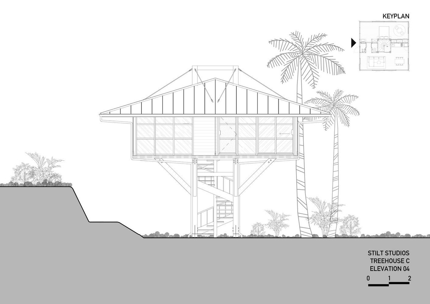 Toàn bộ ngôi nhà được nâng đỡ bằng 4 cây cột lớn, phần trần và mặt phẳng sàn được giằng bằng giây cáp thép vô cùng chắc chắn. Lối lên xuống nhà là một cầu thang nằm ở giữa 4 cây cột. Toàn bộ ngôi nhà được nâng đỡ bằng 4 cây cột lớn, phần trần và mặt phẳng sàn được giằng bằng giây cáp thép vô cùng chắc chắn. Lối lên xuống nhà là một cầu thang nằm ở giữa 4 cây cột.