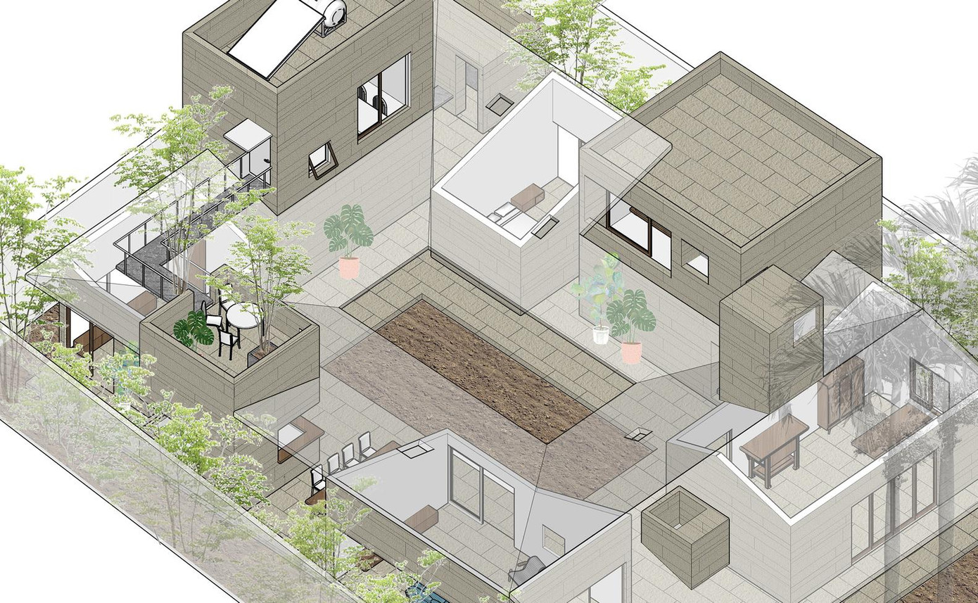 Các khối nhà hộp về bản chất tách biệt với nhau để tạo sự thông thoáng và hòa hợp với thiên nhiên.