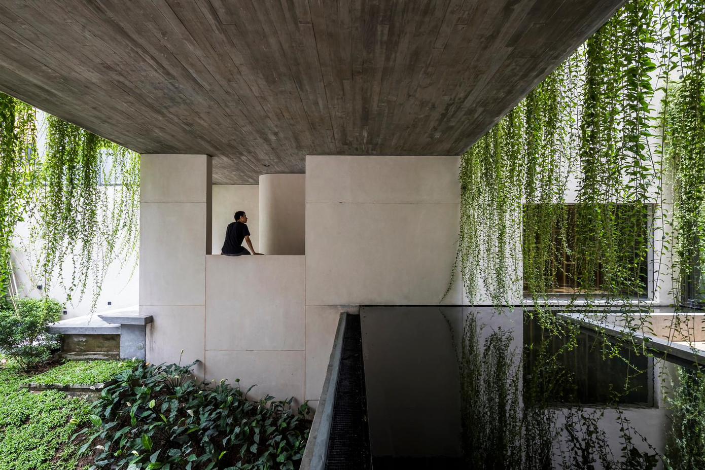 Villa Tan Dinh với điểm nhấn là những giàn leo buông rủ, kết hợp các lớp không gian, các khoảng sáng tối xen kẽ, xen lẫn với vật liệu thô mộc của bê tông, đá rửa.