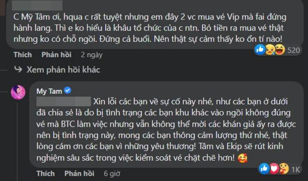 Mỹ Tâm đã gửi lời xin lỗi đến khán giả vì sai sót trong khâu tổ chức. Mỹ Tâm đã gửi lời xin lỗi đến khán giả vì sai sót trong khâu tổ chức.