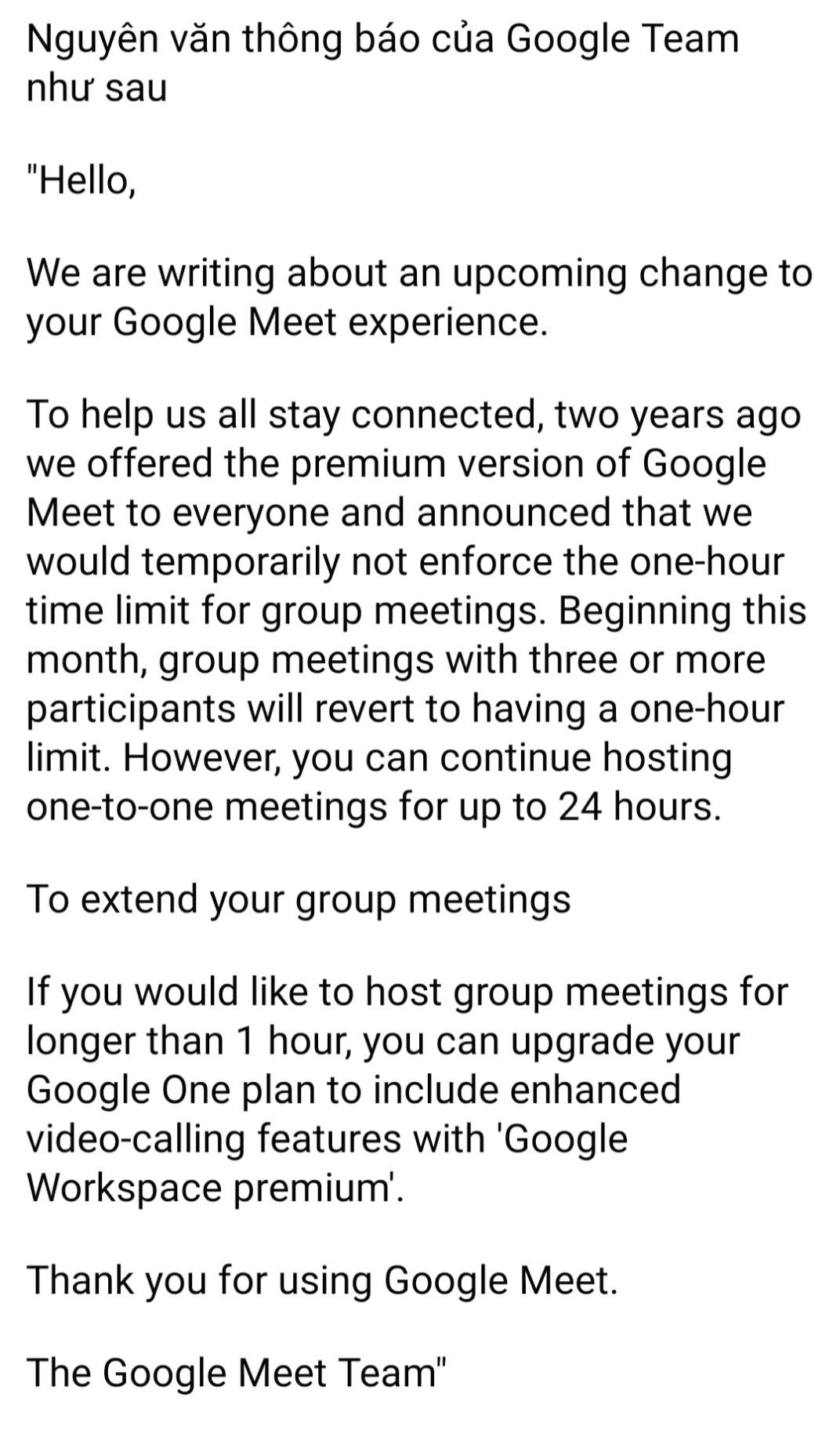 Nguyên văn email thông báo bằng tiếng Anh của Google Team. Nguyên văn email thông báo bằng tiếng Anh của Google Team.