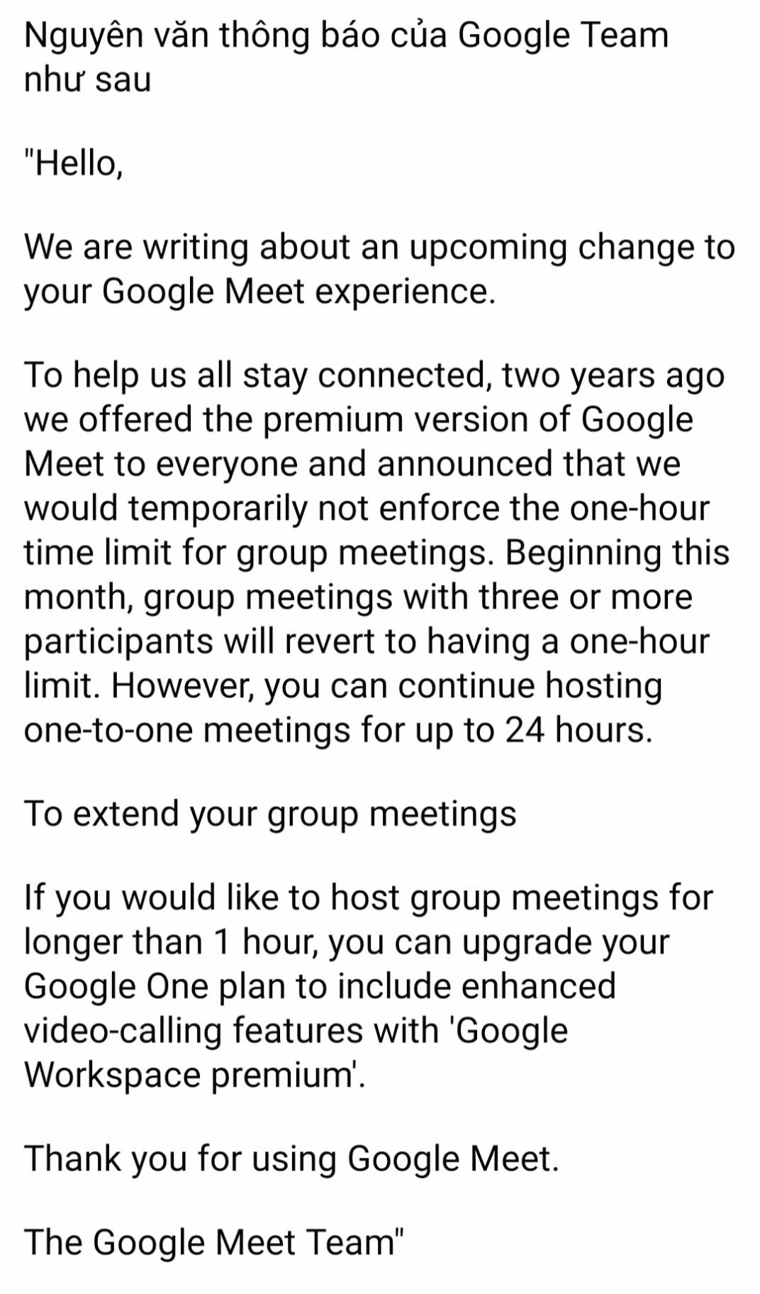 Nguyên văn email thông báo bằng tiếng Anh của Google Team.