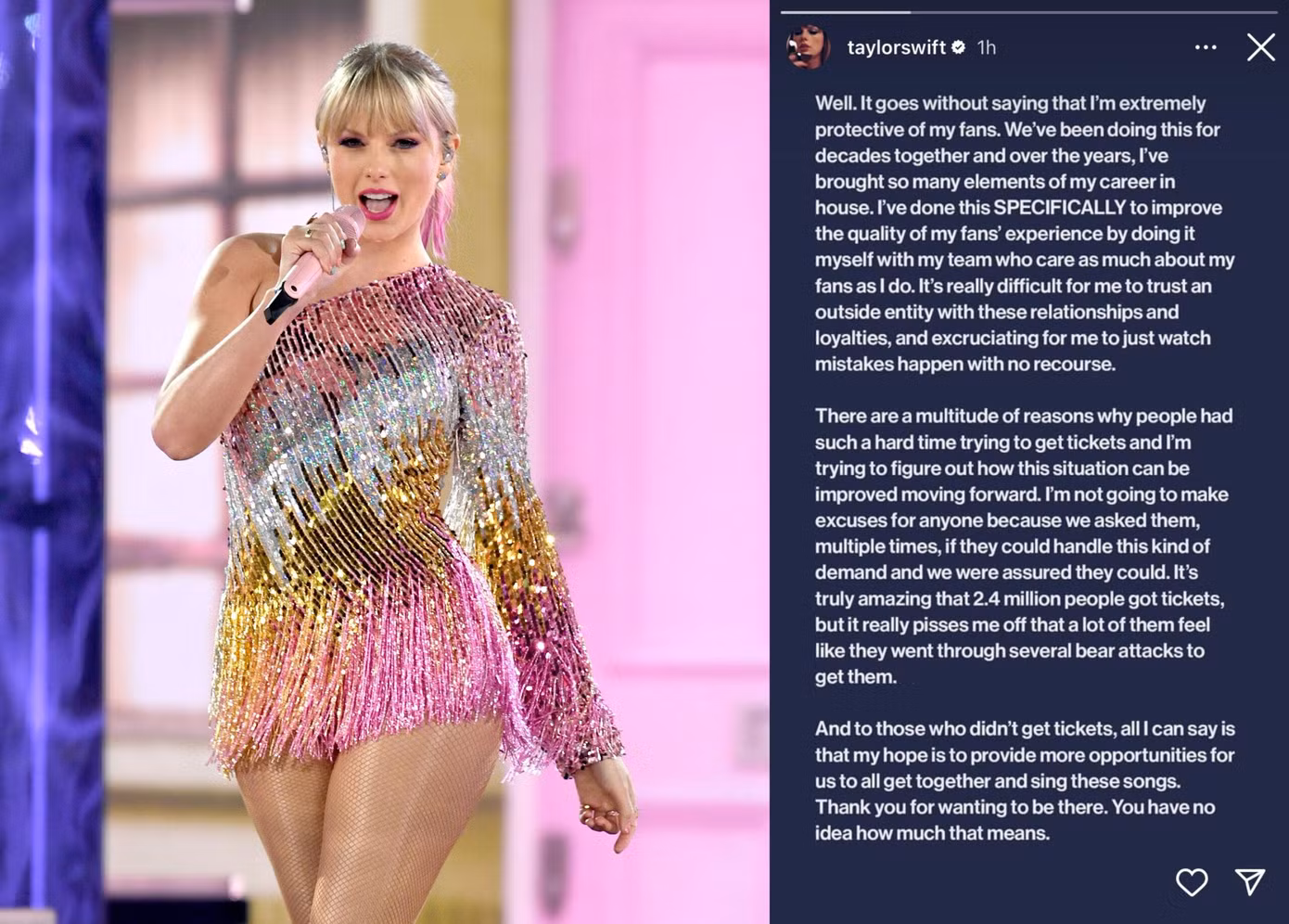 Taylor Swift đã lên tiếng xin lỗi người hâm mộ về vấn đề bán vé tour diễn.