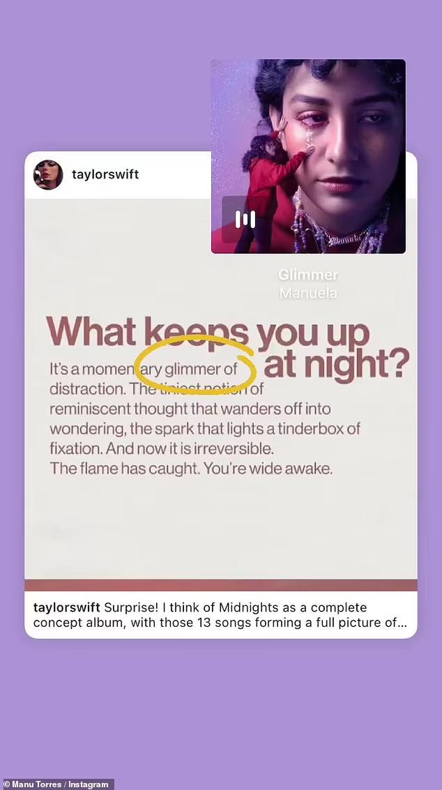 Manuela chỉ ra sự trùng hợp khi từ "glimmer" - tên ca khúc của cô được sử dụng trong một bài đăng của Taylor Swift. Manuela chỉ ra sự trùng hợp khi từ "glimmer" - tên ca khúc của cô được sử dụng trong một bài đăng của Taylor Swift.