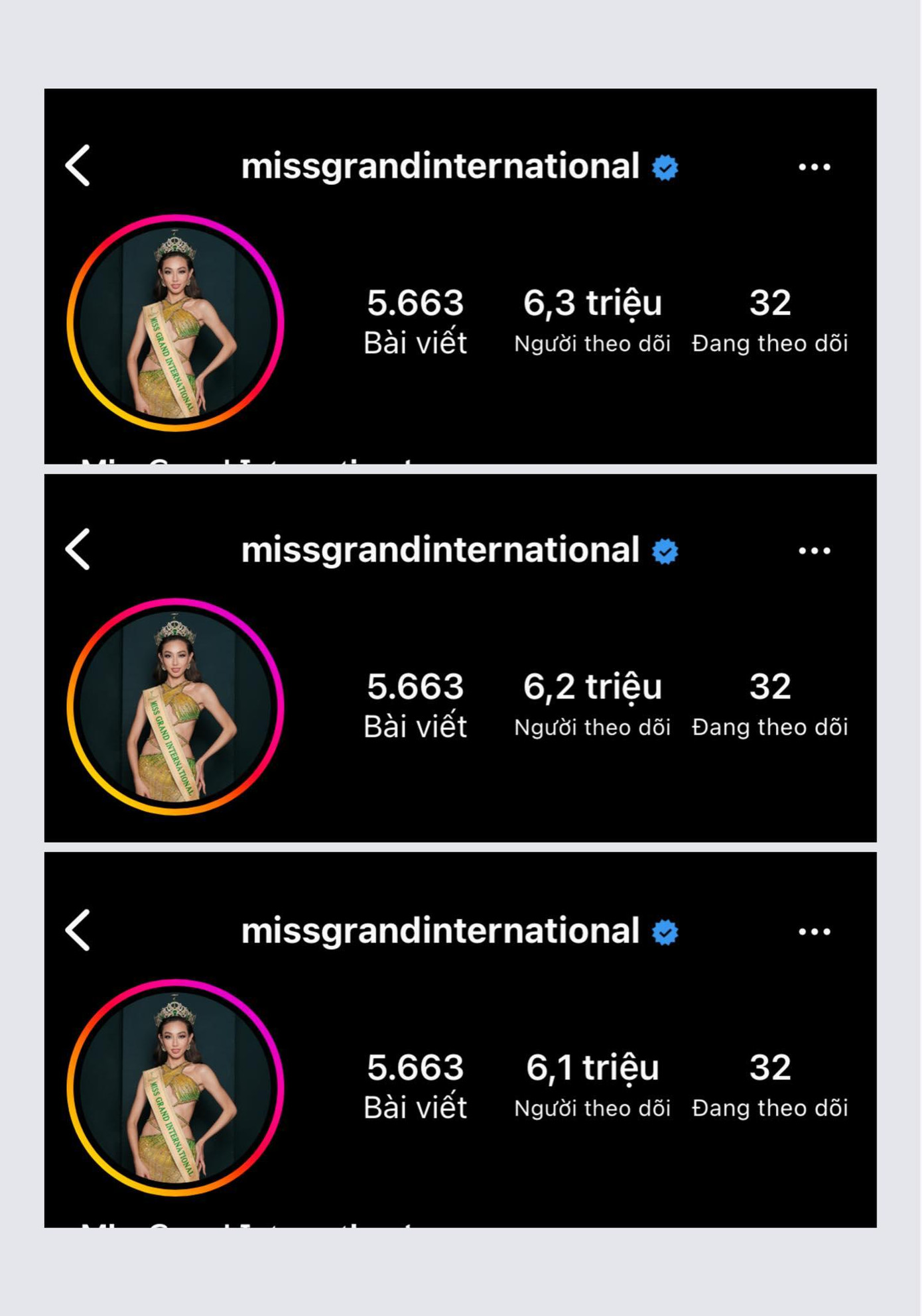 Lượt theo dõi trang chủ Miss Grand sụt giảm đáng kể chỉ trong thời gian ngắn. Lượt theo dõi trang chủ Miss Grand sụt giảm đáng kể chỉ trong thời gian ngắn.