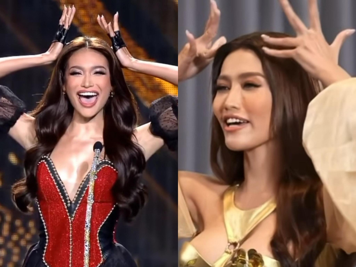 Màn tạo dáng vương miện đội đầu của Quỳnh Châu tương tự Á hậu 1 Miss Grand Thailand. Màn tạo dáng vương miện đội đầu của Quỳnh Châu tương tự Á hậu 1 Miss Grand Thailand.