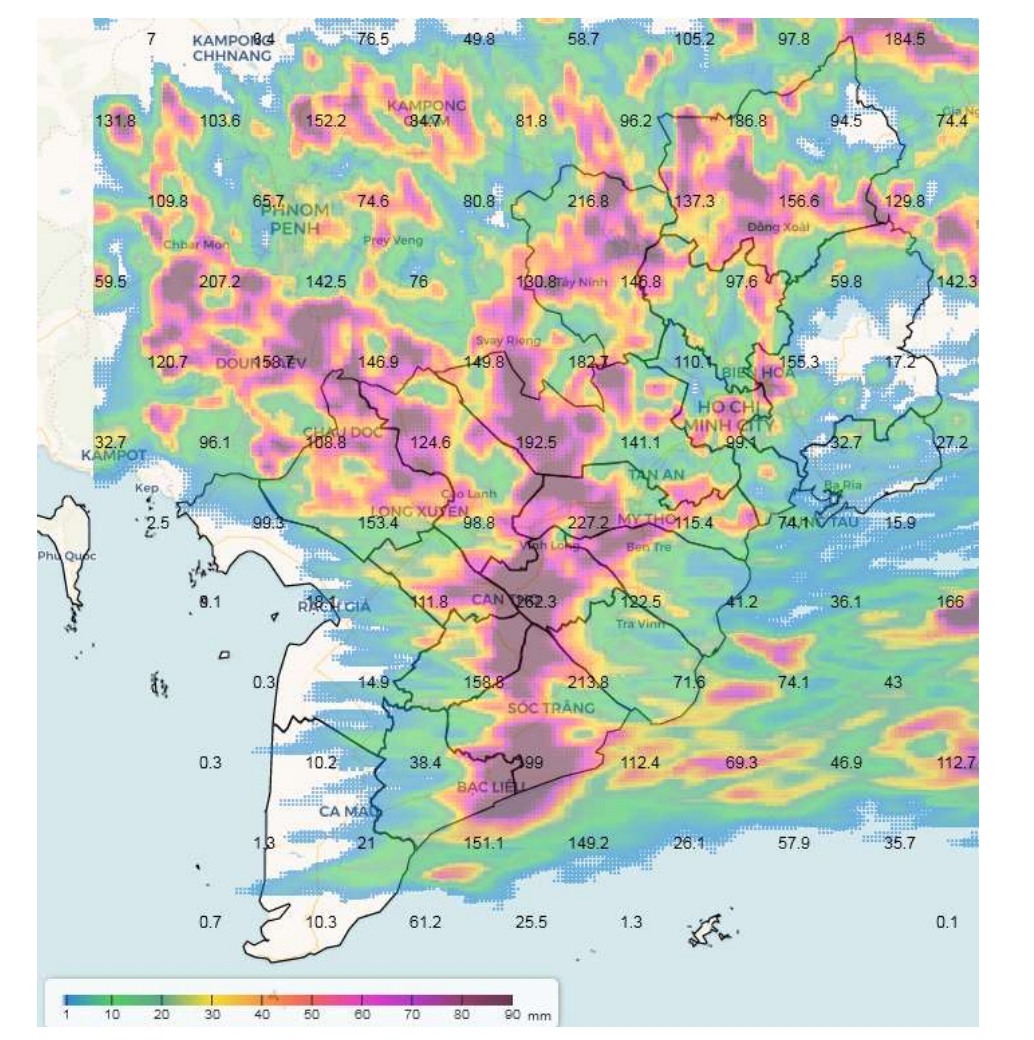 Bản đồ dự báo mưa từ 7h ngày 25/9 đến 7h ngày 26/9 ở khu vực Nam Bộ. Nguồn: Đài Khí tượng Thủy văn khu vực Nam Bộ