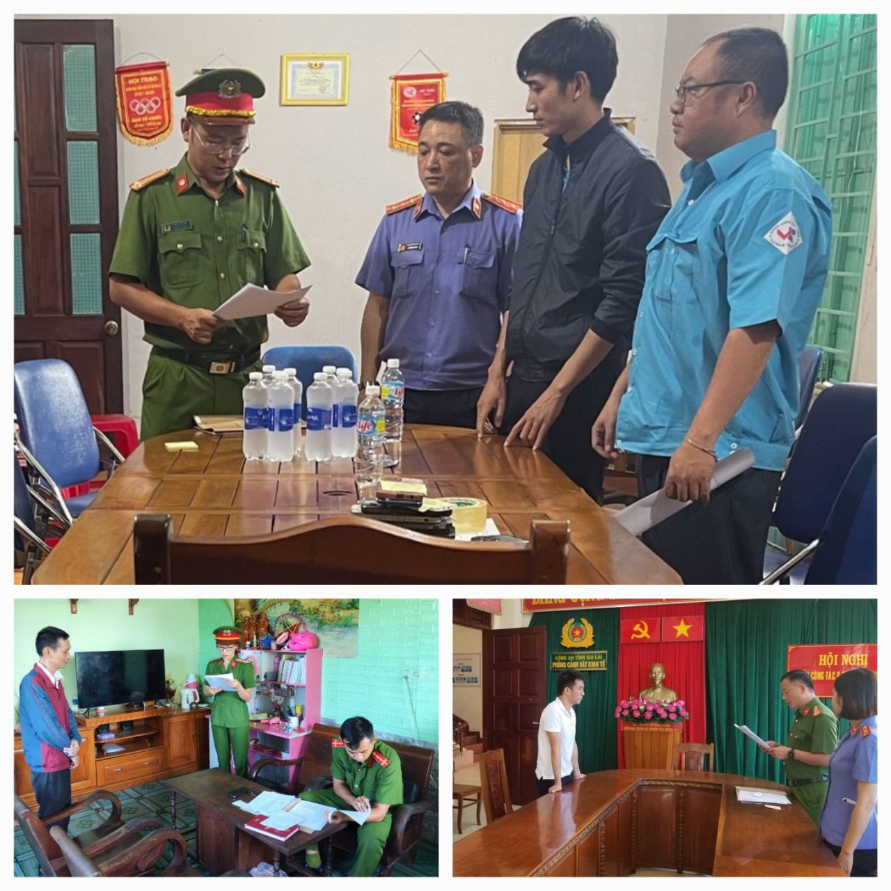 Các bị can Tiên (áo đen, hình trên), Xuân (áo khoác) và Hùng (áo trắng) nghe lệnh bắt tạm giam