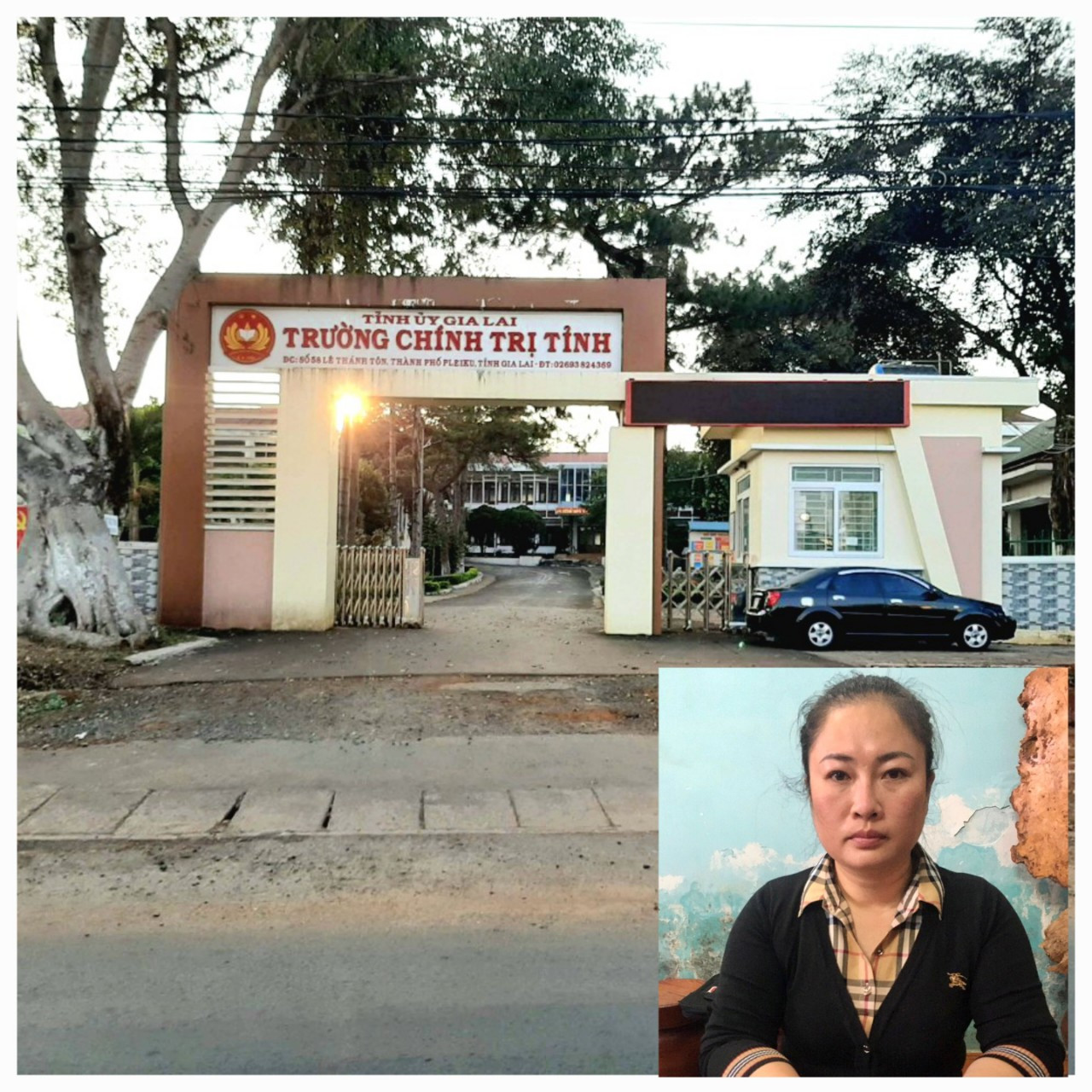 Trường Chính trị tỉnh Gia Lai nơi ông Trần Phú Quý công tác và bà Đỗ Thị Minh Huệ (ảnh nhỏ)