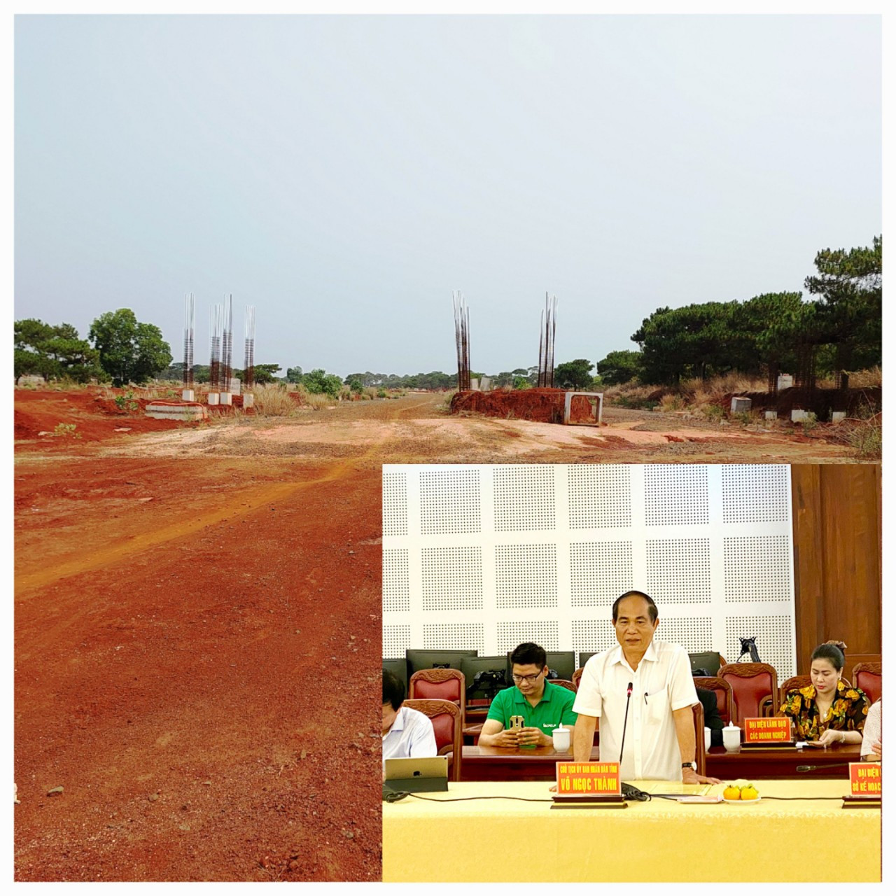 Cổng chính vào dự án sân golf chỉ là những ụ bê tông và cột sắt chĩa thẳng lên trời. Dự án khiến cho Chủ tịch UBND tỉnh Gia Lai (ảnh nhỏ, đứng) cùng 3 Phó chủ tịch UBND tỉnh đương nhiệm bị mất chức. Ngày 10/4/2023, Ban Thường vụ Tỉnh ủy Gia Lai phân công lịch họp với Ban Cán sự đảng UBND tỉnh để cùng Bộ Kế hoạch và Đầu tư trình Thủ tướng Chính phủ thu hồi dự án sân golf này. Cổng chính vào dự án sân golf chỉ là những ụ bê tông và cột sắt chĩa thẳng lên trời. Dự án khiến cho Chủ tịch UBND tỉnh Gia Lai (ảnh nhỏ, đứng) cùng 3 Phó chủ tịch UBND tỉnh đương nhiệm bị mất chức. Ngày 10/4/2023, Ban Thường vụ Tỉnh ủy Gia Lai phân công lịch họp với Ban Cán sự đảng UBND tỉnh để cùng Bộ Kế hoạch và Đầu tư trình Thủ tướng Chính phủ thu hồi dự án sân golf này.