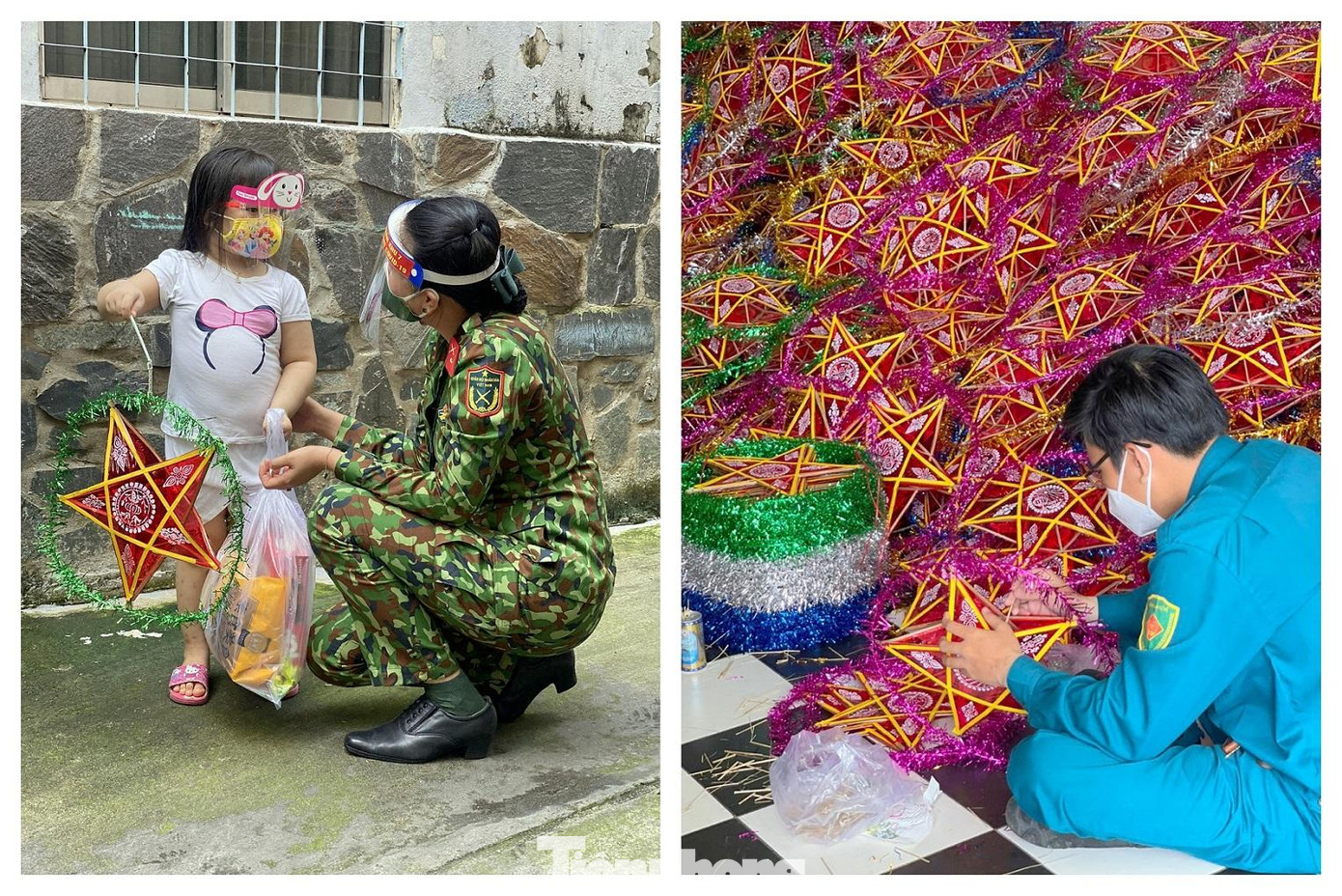 Ảnh trái: Thiếu úy quân nhân chuyên nghiệp Trần Thị Giao Linh (biên tập viên Trung tâm PT-TH Quân đội) trao quà trung thu cho một em nhỏ. Ảnh phải: Chiến sĩ dân quân của Bộ tư lệnh TPHCM chuẩn bị lồng đèn ông sao để tặng các em nhỏ.