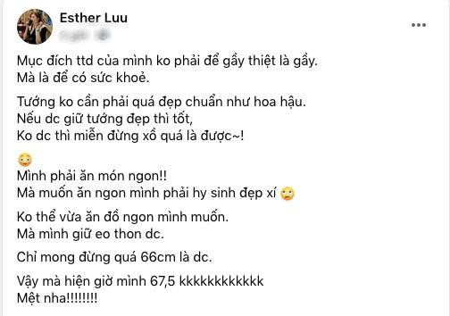 Hari Won chia sẻ muốn eo thon nhưng hiện tại đã chạm mốc 67,5cm.