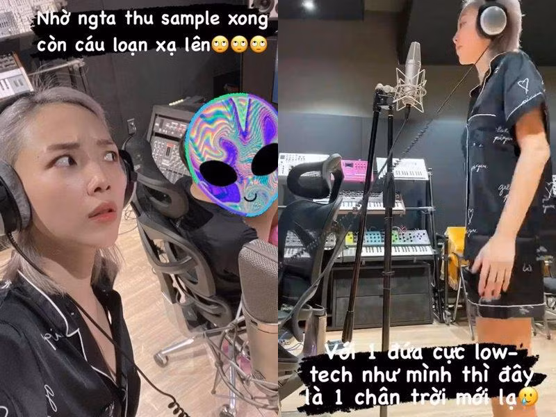 Sau đó nữ ca sĩ cùng làm nhạc với ông xã Touliver trong studio tại nhà.