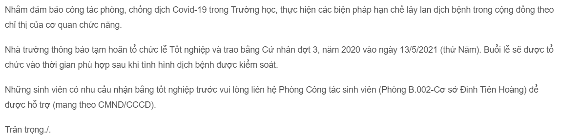 Thông báo hoãn lễ Tốt nghiệp, trao bằng cử nhân cho sinh viên của Đại học Khoa học Xã hội và Nhân Văn TP.HCM. Thông báo hoãn lễ Tốt nghiệp, trao bằng cử nhân cho sinh viên của Đại học Khoa học Xã hội và Nhân Văn TP.HCM.