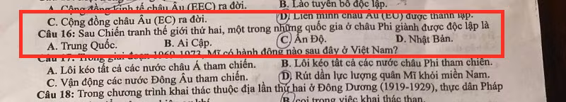 Một câu hỏi trong đề thi THPT Quốc gia 2021 môn Lịch Sử.