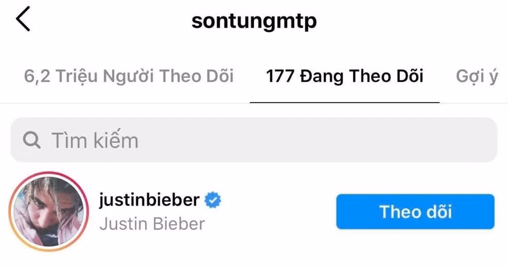 Sơn Tùng theo dõi Justin Bieber trên IG.