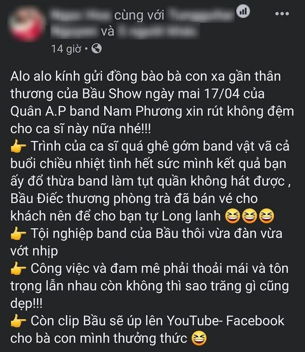 Status của quản lý ban nhạc, cho biết sẽ không làm việc với Quân A.P nữa.