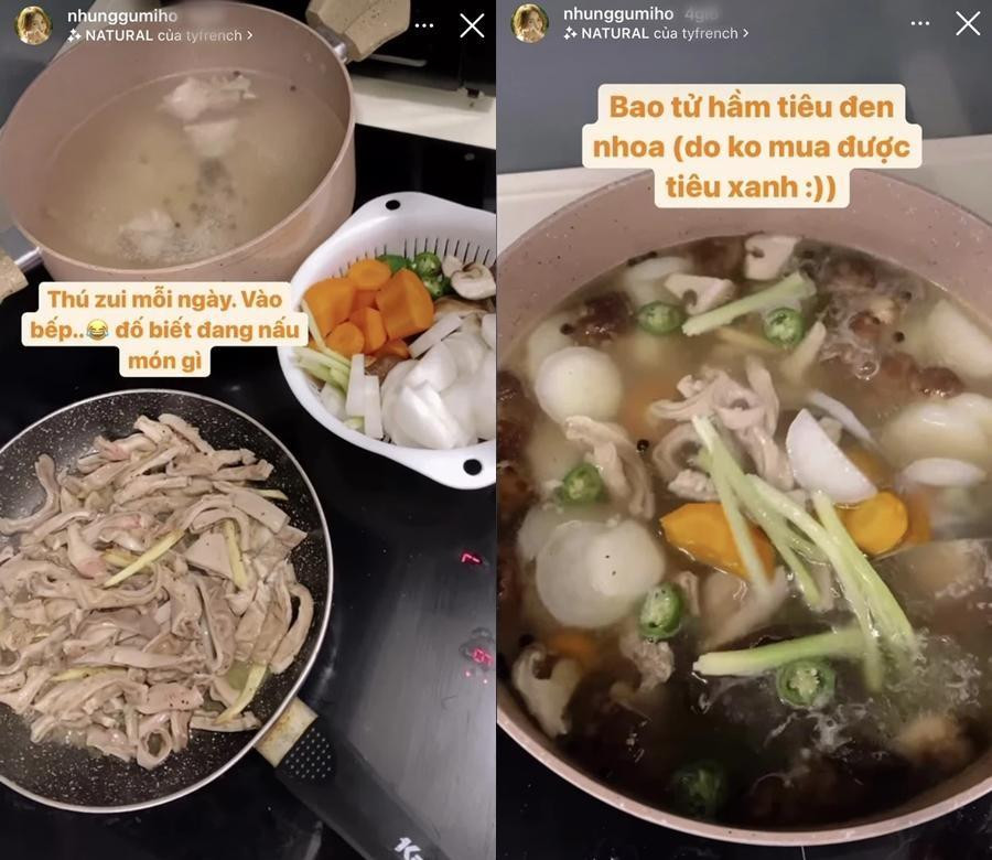 Diễn viên Nhung Gumiho thực hiện món bao tử hầm tiêu xanh, tiết lộ vào bếp là thú vui mỗi ngày của cô. Diễn viên Nhung Gumiho thực hiện món bao tử hầm tiêu xanh, tiết lộ vào bếp là thú vui mỗi ngày của cô.