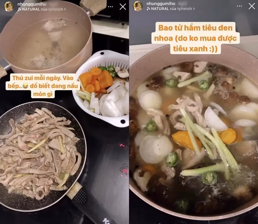 Diễn viên Nhung Gumiho thực hiện món bao tử hầm tiêu xanh, tiết lộ vào bếp là thú vui mỗi ngày của cô.