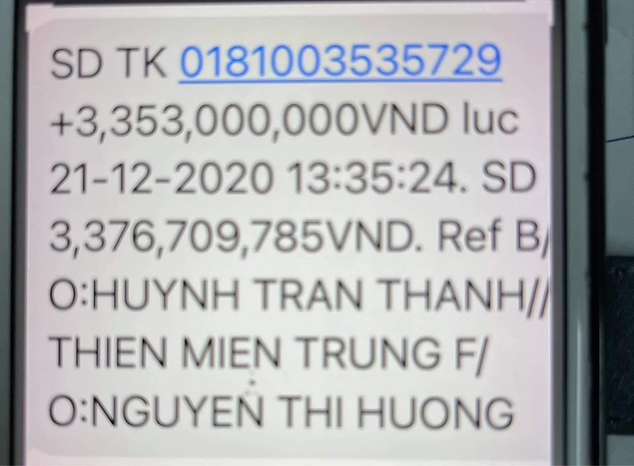 Vào ngày 21/12/2020, Trấn Thành chuyển cho cô Ngọc Hương số tiền còn lại là 3,353 tỷ đồng Vào ngày 21/12/2020, Trấn Thành chuyển cho cô Ngọc Hương số tiền còn lại là 3,353 tỷ đồng