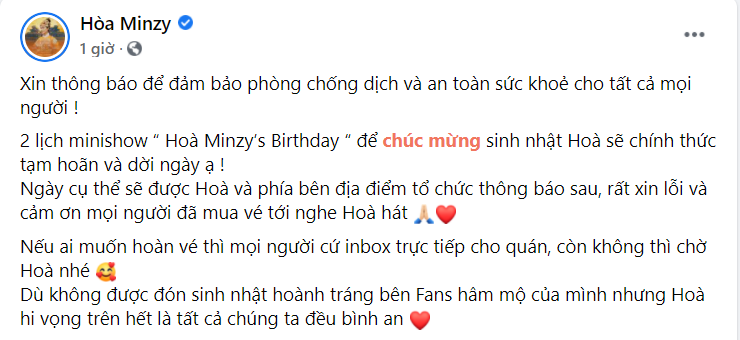 Nữ ca sĩ thông báo về việc hoãn tổ chức minishow. Nữ ca sĩ thông báo về việc hoãn tổ chức minishow.