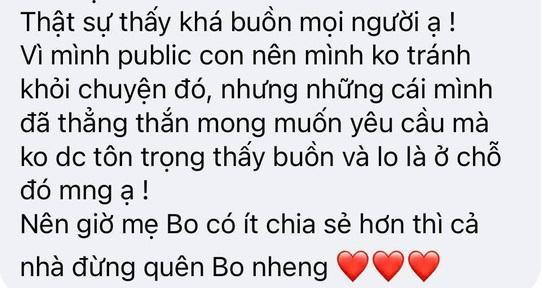 Cô mong được khán giả tôn trọng cuộc sống riêng tư. Cô mong được khán giả tôn trọng cuộc sống riêng tư.