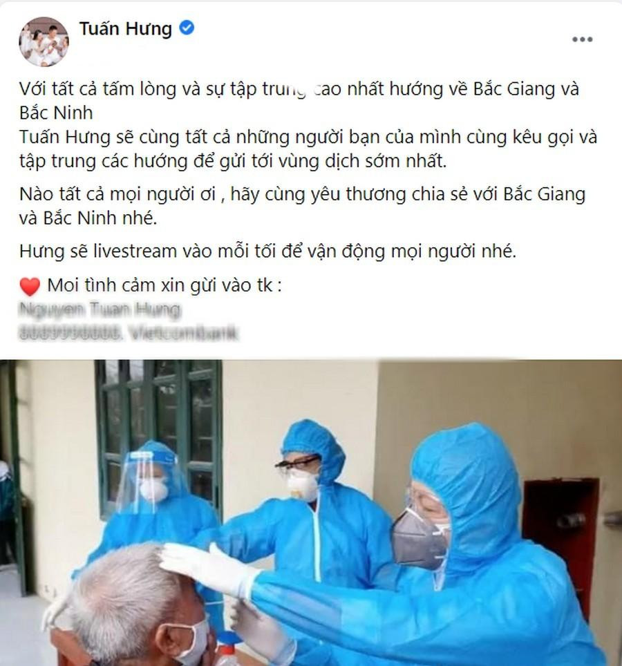 Tuấn Hưng kêu gọi mọi người ủng hộ cho Bắc Giang và Bắc Ninh chống dịch.