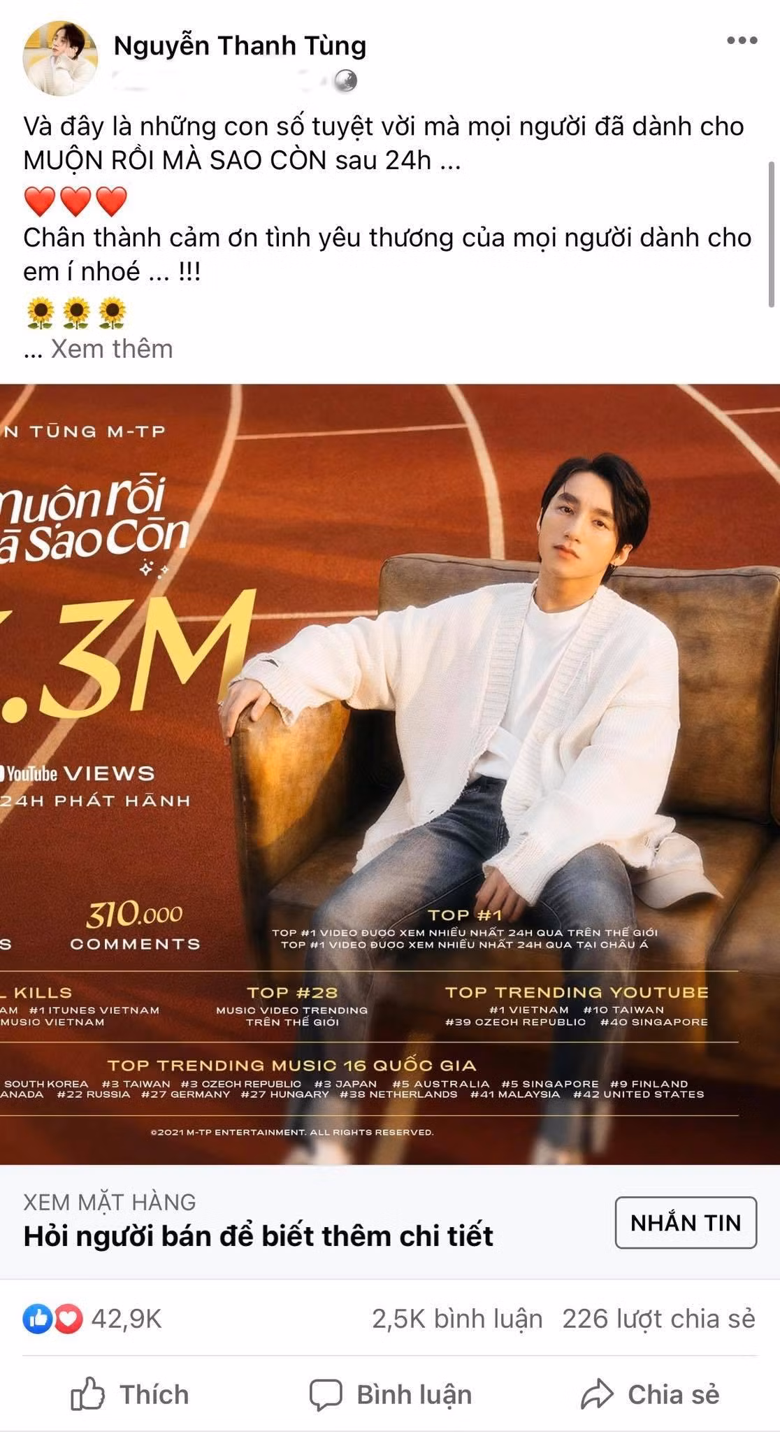 Sơn Tùng khoe thành tích nhưng đặt nhầm chế độ bán hàng.