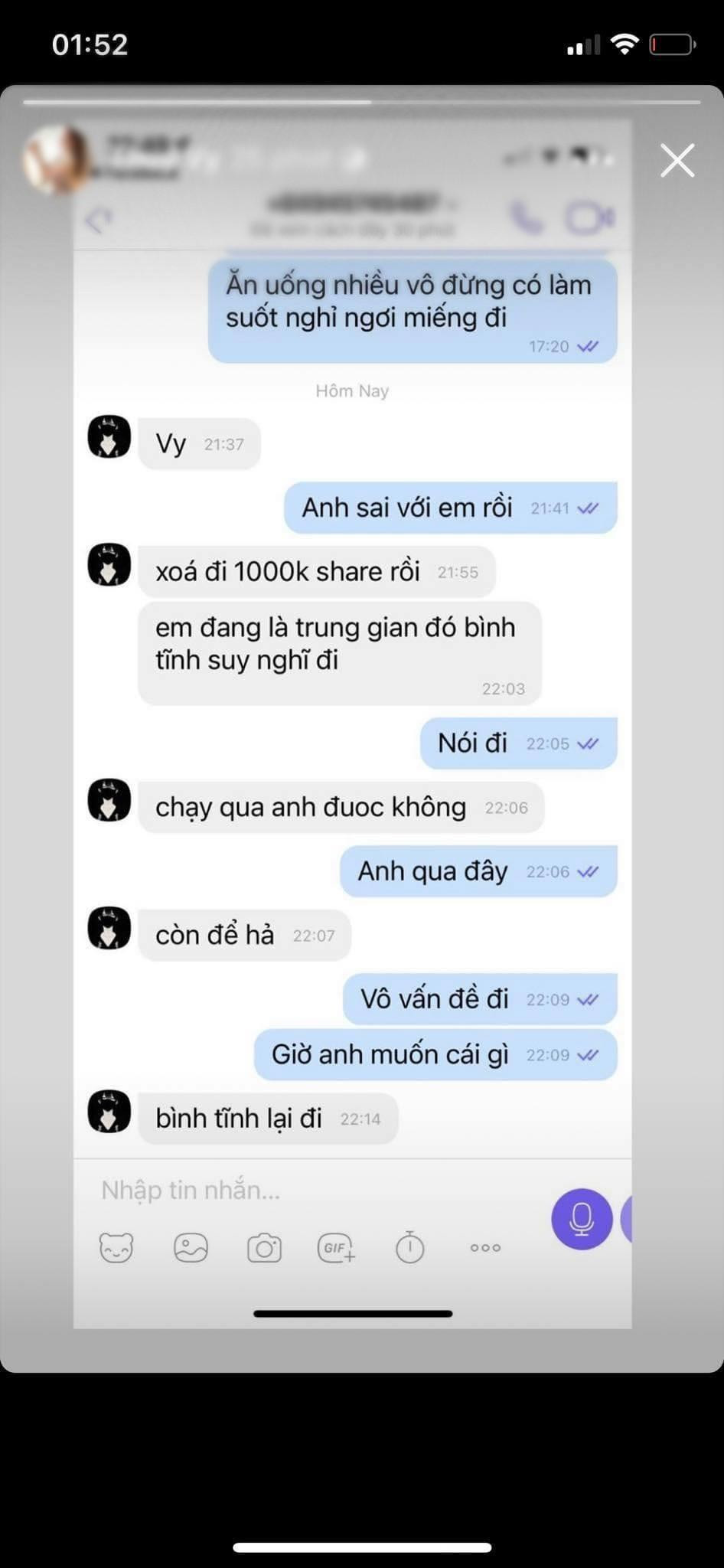 T.V chia sẻ đoạn tin nhắn mà nam ca sĩ đề nghị xóa bài đăng.