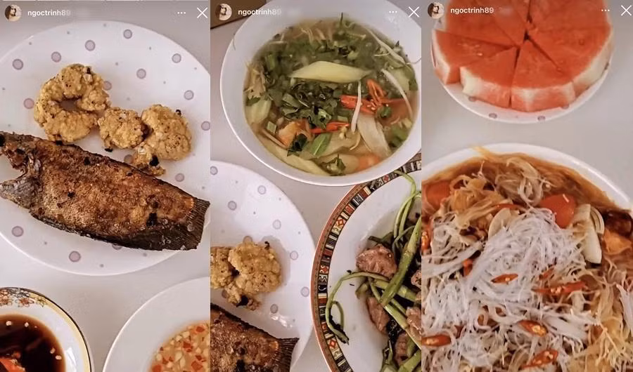 Ngọc Trinh khoe mâm cơm gia đình toàn đặc sản quê, cô đặc biệt thích ăn cơm với cá khô và các loại trái cây như xoài, dưa hấu.