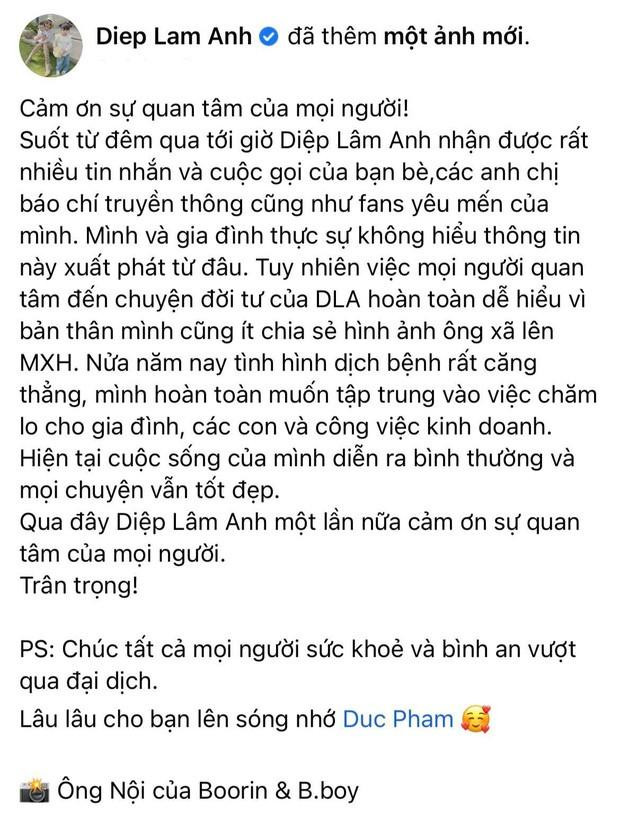 Bài đăng phủ nhận tin đồn ly hôn của Diệp Lâm Anh. Bài đăng phủ nhận tin đồn ly hôn của Diệp Lâm Anh.