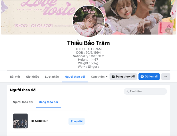 Thiều Bảo Trâm chỉ còn theo dõi duy nhất nhóm nhạc BLACKPINK. Thiều Bảo Trâm chỉ còn theo dõi duy nhất nhóm nhạc BLACKPINK.