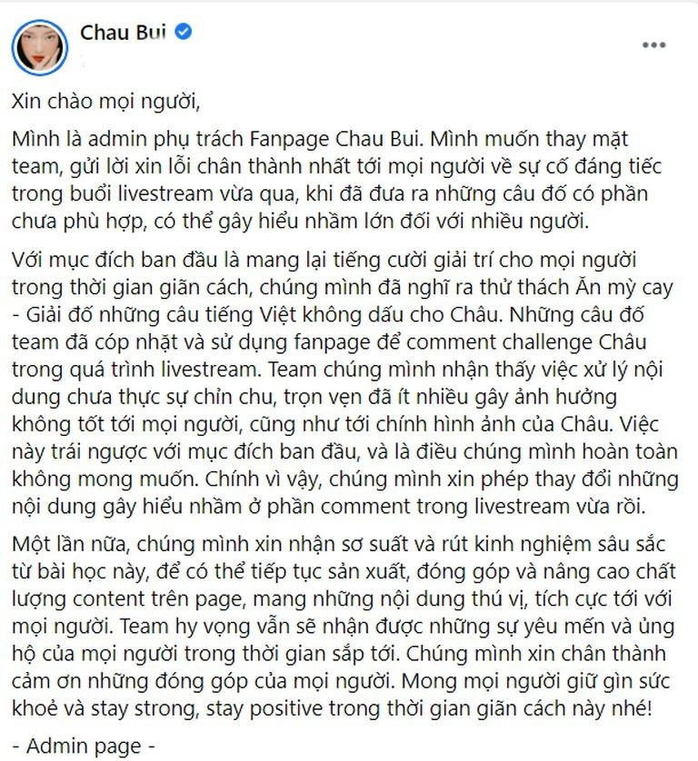 Bài đăng xin lỗi ngay sau đó của admin page Châu Bùi.