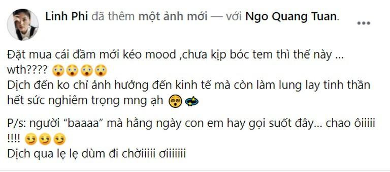 Linh Phi trêu chọc khi Quang Tuấn diện váy mới của mình.