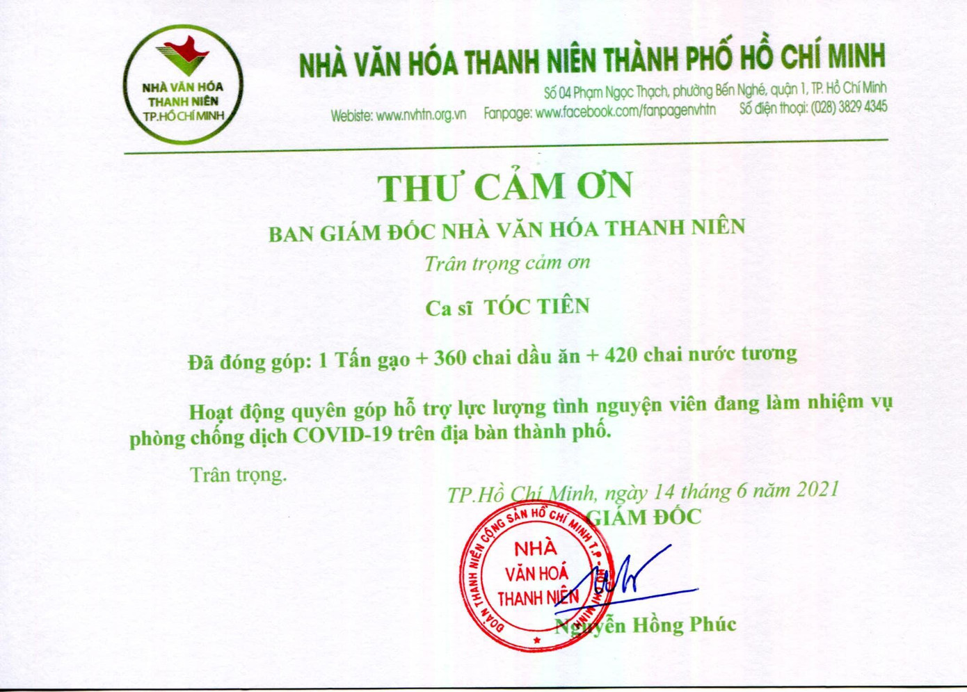 Thư cảm ơn gửi đến Tóc Tiên. Thư cảm ơn gửi đến Tóc Tiên.