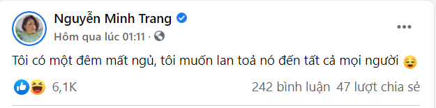 Diễn viên Minh Trang khiến fan cười bò vì status đăng lúc 1 giờ sáng. Diễn viên Minh Trang khiến fan cười bò vì status đăng lúc 1 giờ sáng.