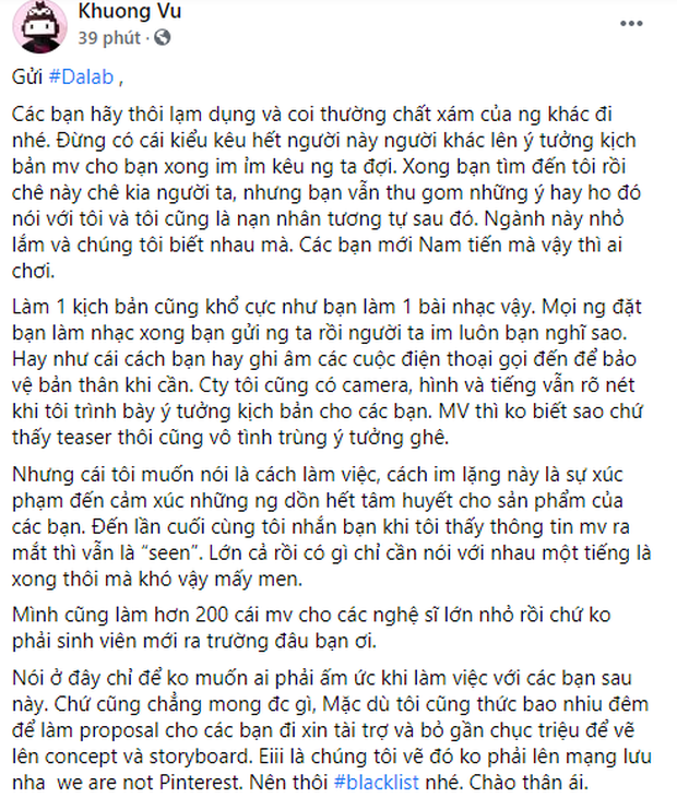 Đạo diễn Khương Vũ nhắc thẳng tên Da LAB vào trong bài viết của mình. Đạo diễn Khương Vũ nhắc thẳng tên Da LAB vào trong bài viết của mình.