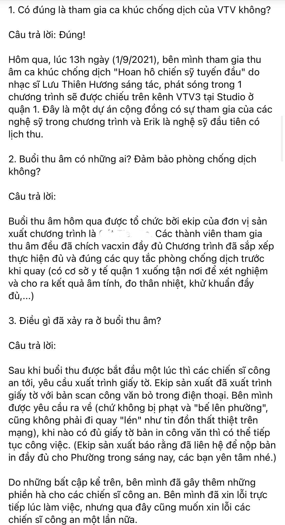 Cụ thể bài viết, giải thích việc Erik đi thu âm giữa mùa dịch. Cụ thể bài viết, giải thích việc Erik đi thu âm giữa mùa dịch.