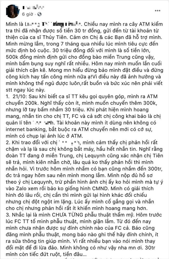 Bài viết "tổng kết sự việc" của vị khán giả chuyển khoản nhầm cho Thủy Tiên. Bài viết "tổng kết sự việc" của vị khán giả chuyển khoản nhầm cho Thủy Tiên.