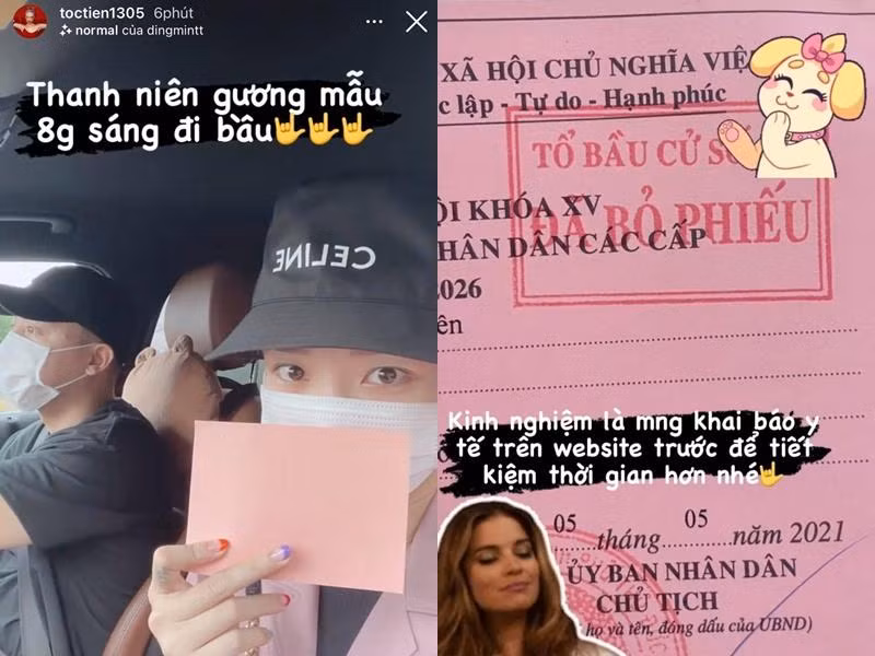 Vợ chồng Tóc Tiên đi bầu cử từ sớm.