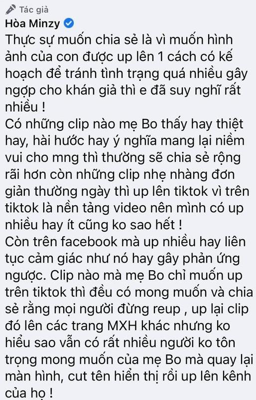 Hòa Minzy không đồng tình việc netizen "reup" hay chỉnh sửa lại video của mình. Hòa Minzy không đồng tình việc netizen "reup" hay chỉnh sửa lại video của mình.