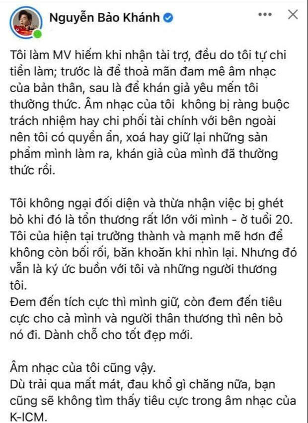 K-ICM chia sẻ về việc xóa MV. K-ICM chia sẻ về việc xóa MV.
